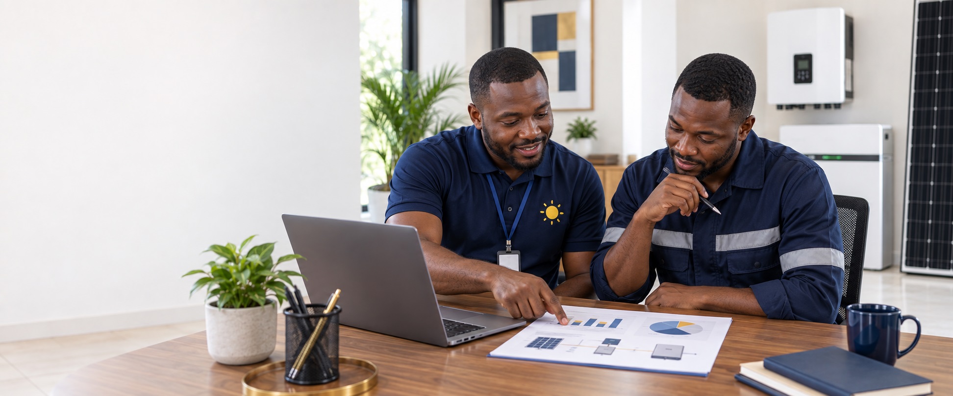 Two Solar 360 team members reviewing a system design on a laptop