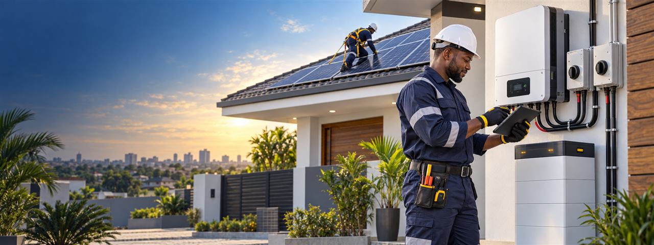 Solar installer reviewing a job on a tablet on a client's roof