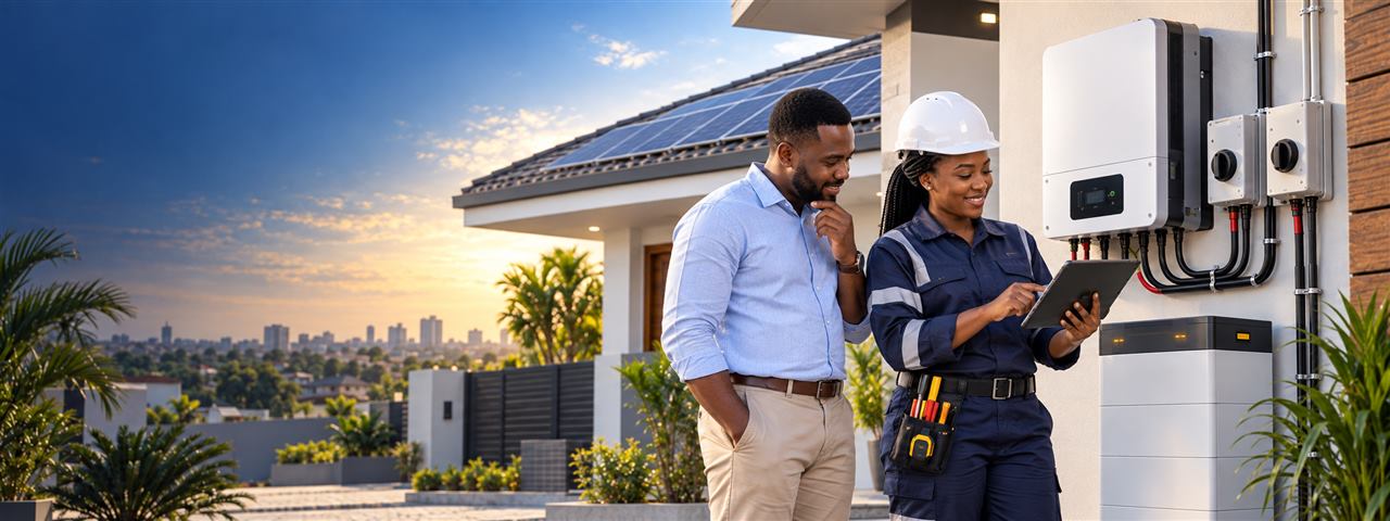 Installer briefing a customer beside an installed solar system