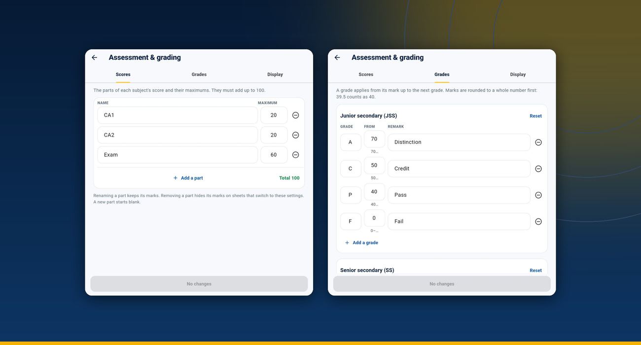 Assessment and grading settings in TermBook